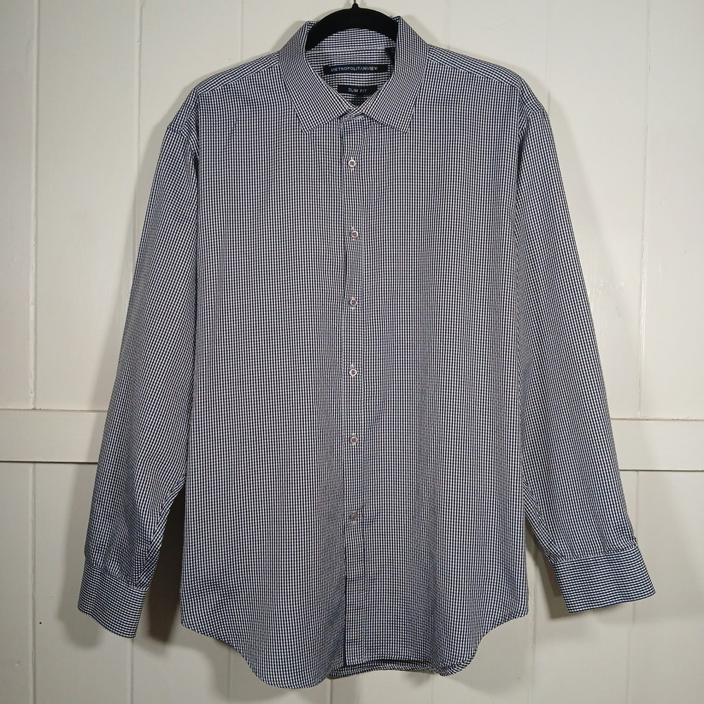 Metropolitan View Mens Slim Fit Gingham Dress Shirt Navy White 17.5 34/35 Cotton